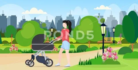 Mother with her baby in stroller walking outdoor woman pushing pram with newborn Stock Illustrationen