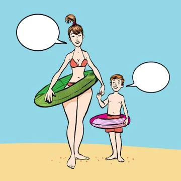 Mother with her son walking on a beach. Mother and son with swimming circle Stock Illustration