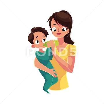 Mother holding and feeding her baby son with milk bottle Stock Illustration