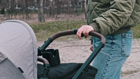 Mother Holds Stroller Handle While Standing Still Vidéo 305470758