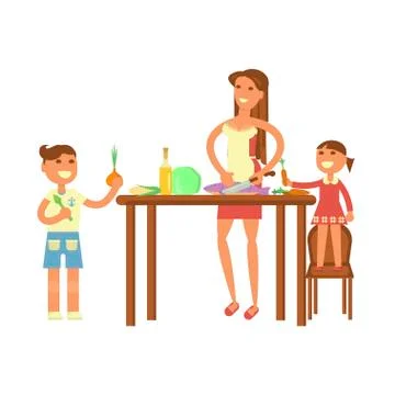 Mother with kids making dinner Stock Illustration