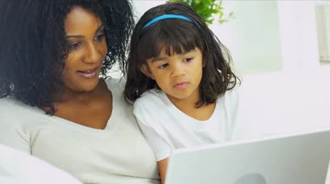 Mother Little Ethnic Girl Laptop Computer Stock Footage