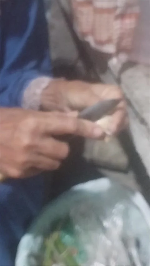 Mother peels garlic using a knife Stock Footage 290984980