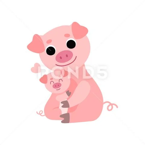 Mother Pig and Baby Piglet, Cute Animal Family Vector Illustration Stock Illustration