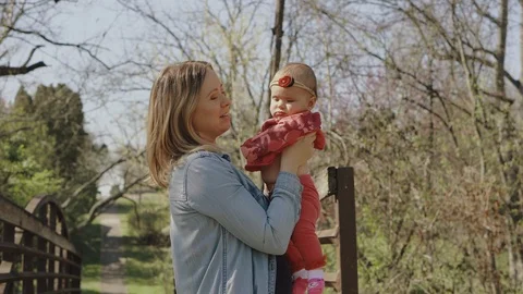 Mother playing and having fun with her little baby girl, spring park. Happy mom Video stock 123443882