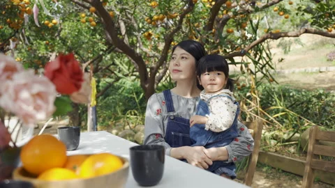Mother pointing to distance while sitting Stock Footage 205865628