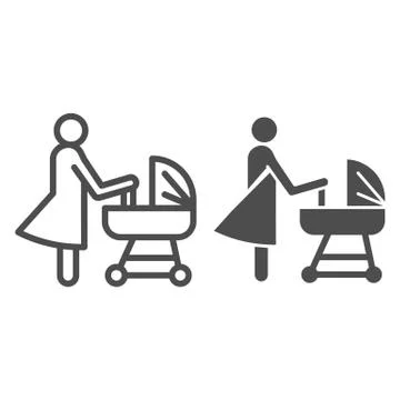 Mother with pram line and solid icon, motherhood concept, Baby carriage sign on Stock Illustration