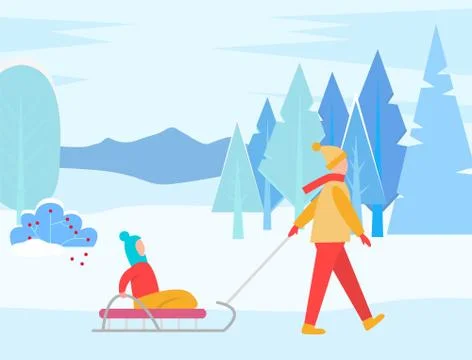 Mother Pulling Child Sitting on Sleds in Winter Ilustração Stock