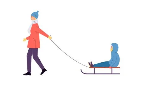 Mother pulling sledge with child, flat vector illustration isolated on white. Stock Illustration