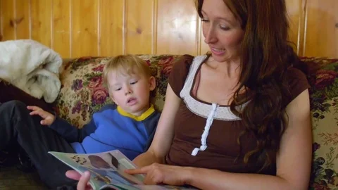 Mother reading book to son Stock Footage 80549294