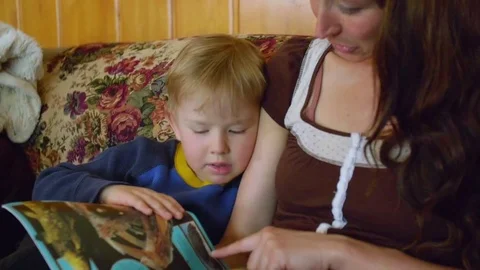 Mother reading book to son Stock Footage 80621567
