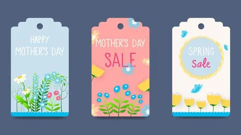 Mother s Day tags, labels with spring flowers, butterflies and inscriptions Stock Illustration