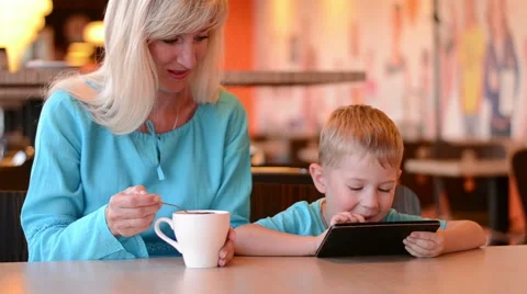 Mother with the son in cafe Stock-Footage 63834840