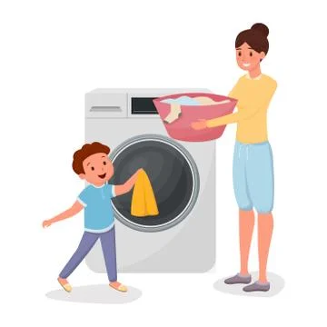 Mother with son doing laundry characters. Child helping mom doing domestic Stock Illustration