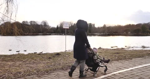 Mother Strolling with Stroller, Sunlight Filtering through Forest Across River Stock Footage 238767280