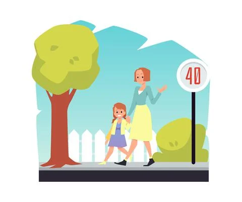 Mother talking to her daughter while walking, flat vector illustration on white. 스톡 일러스트