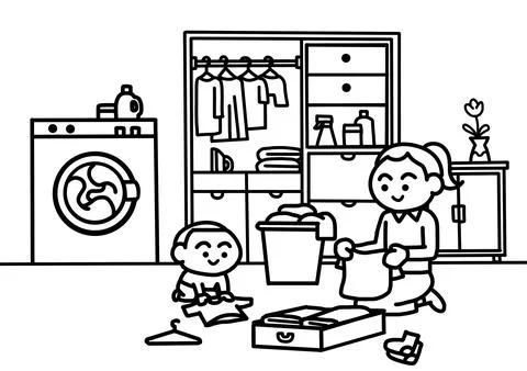 Mother teaches son how to fold clothes coloring pages style. Stock Illustration
