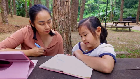 Mother teaching and helping her primary school daughter with homework in a park Vídeos de archivo 333680774