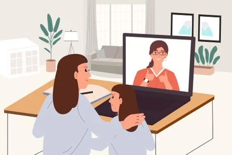 Mother teaching course online  daughter. Student studying online classes at h Stock Illustration