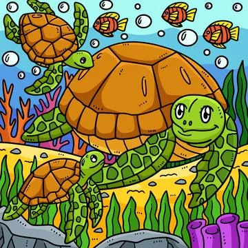 Mother Turtle and Hatchling Colored Cartoon Stock Illustration