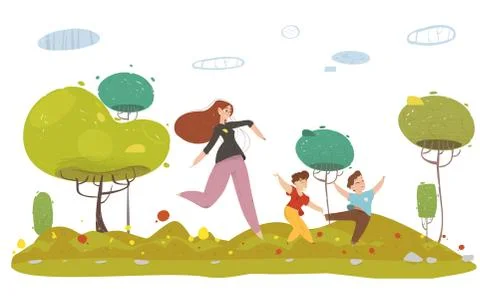 Mother with Two Sons Running in Forest or Garden Stock Illustration