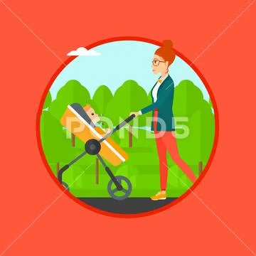 Mother walking with her baby in stroller. Stock Illustration