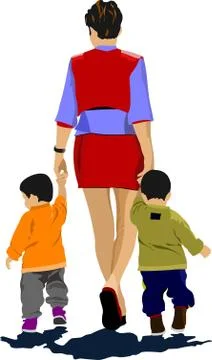 Mother walking with two children. Vector illustration Stock Illustration