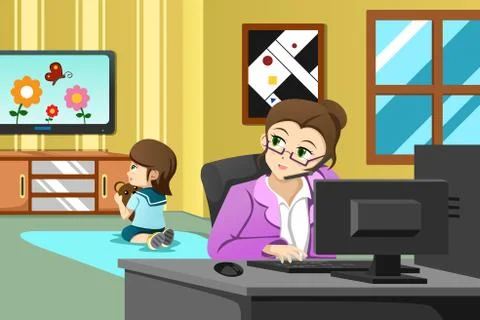 Mother working in the office Stock Illustration