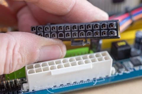 The motherboard and computer components. Computer accessories on a workshop t Foto stock