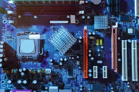 Motherboard as background, top view. Computer repair service Stockfoto's