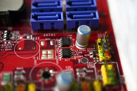 Motherboard chip with elements nodes close up Stock Photos