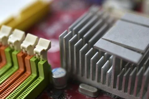 Motherboard chip with elements nodes close up Stock Photos