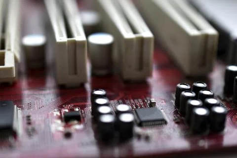 Motherboard chip with elements nodes close up Stock Photos