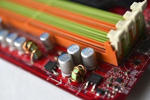 Motherboard chip with elements nodes close up Stock Photos