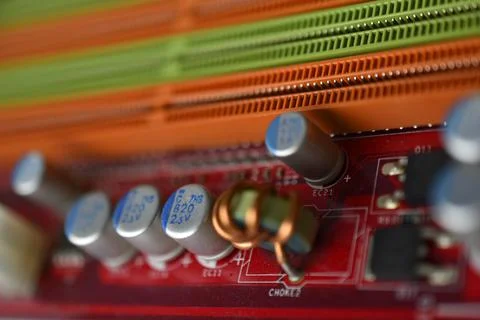 Motherboard chip with elements nodes close up Stock Photos