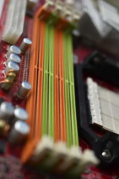 Motherboard chip with elements nodes close up Stock Photos