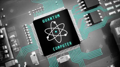 Motherboard circuit with a Quantum computer chip animated electric lines Stock-Fotos