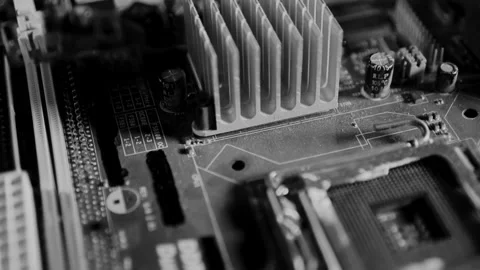 Motherboard close up, microchip, pc black and white Stock Footage 142375651