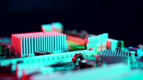 Motherboard close up, microchip, pc red-blue lighting Stock Footage 142375618
