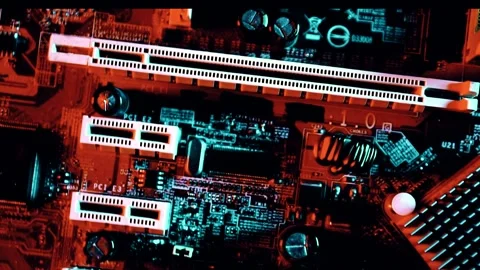 Motherboard close up, microchip, pc red-blue lighting Stock Footage 142375646