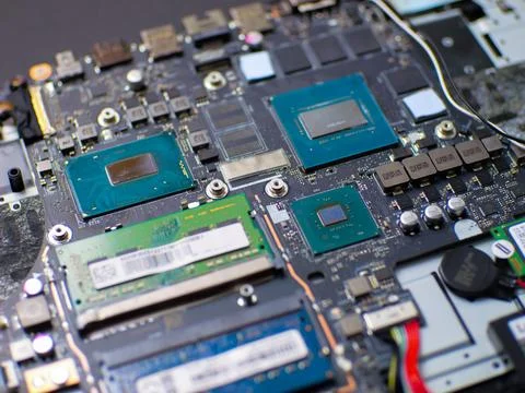 Motherboard with CPU, GPU, RAM and electronic components Stock Photos