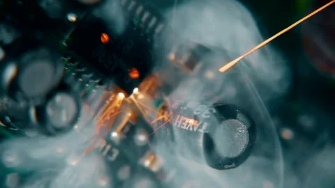 Motherboard Failure with Exploding Capacitors, Burning Chips Video stock 318444816