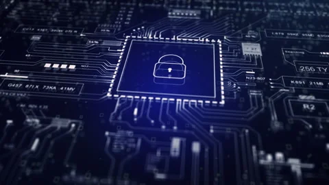 Motherboard Lock cyber security. Technological UI HUD stealing data, access and Stock Footage 248504506