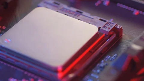 Motherboard with processor close up shot Stock Footage 128185890