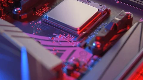 Motherboard with processor close up shot Stock Footage 128185931