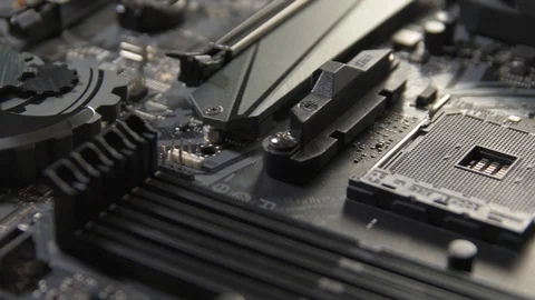 Motherboard with processor close up shot Stock Footage 128683666