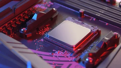Motherboard with processor close up shot Stock Footage 128683758