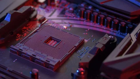 Motherboard with processor close up shot Stock Footage 129270462