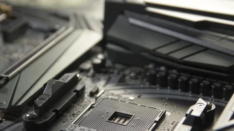 Motherboard with processor close up shot Stock Footage 130206599