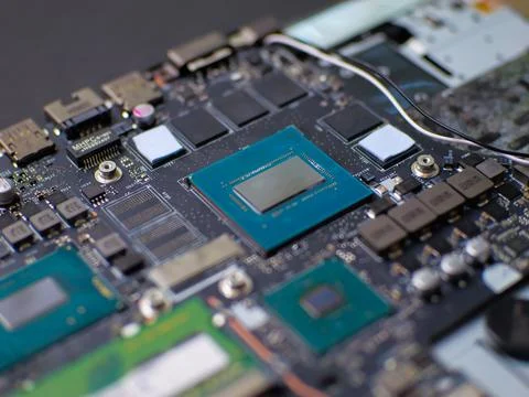 Motherboard with processor showing its ram and electronic components 写真素材